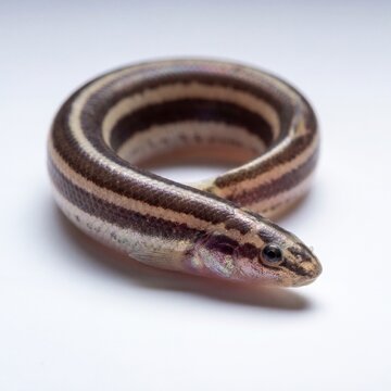 A coiled striped loach fish resting on a clean white surface showing its unique brown patterns.