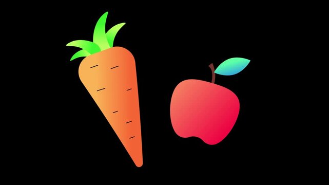 Minimalist Carrot and Apple Animation, Healthy Food and Organic Diet Concept, Fresh Fruits and Vegetables Icon Loop on Black Background