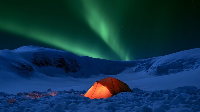 Serene mountain vista glows with aurora a solitary tent offers peaceful refuge under vibrant skies
