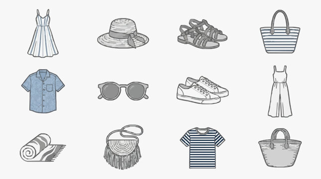 Creative Minimalist Line Drawing Set of Summer and Casual Fashion Accessories in Monochrome with high quality professional line art symbols for modern creative design and digital branding projects
