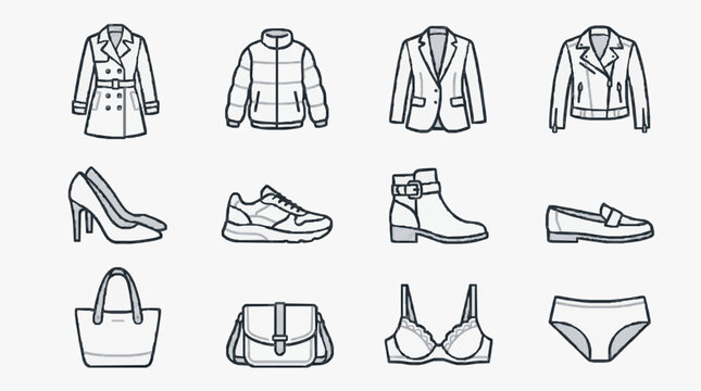 Creative Minimalist Line Drawing Set of Women s Fashion Accessories and Clothing in Monochrome with high quality professional line art symbols for modern creative design and digital branding projects
