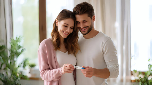 Happy young couple smiling and looking at a positive pregnancy test at home, celebrating upcoming parenthood together in a bright cozy room.