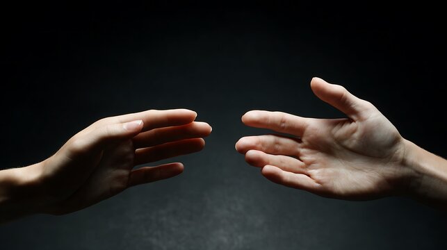 Two human hands reaching towards each other in darkness.