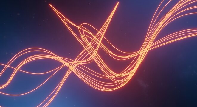 Orange glowing light streaks waving through dark space with particle dust effects.
