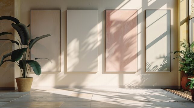Sunlight streams through a room with four empty canvases, highlighting shadows and warm tones