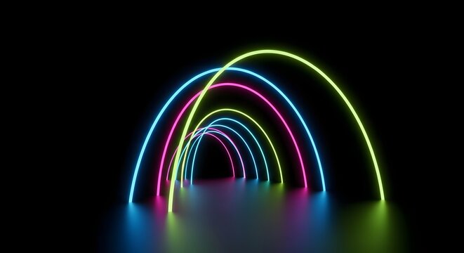 Abstract neon tunnel with glowing colorful arch lines in dark space.
