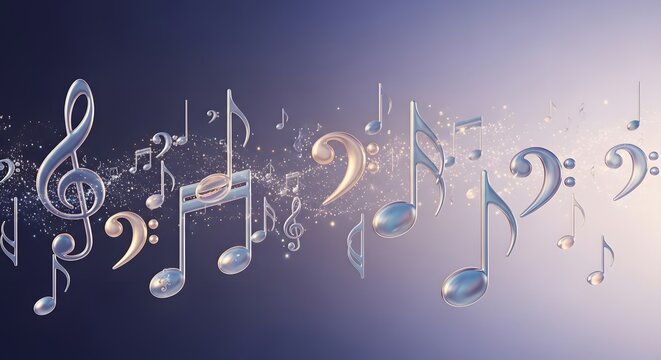 Shining musical notes and symbols floating in glowing purple light with magic stardust particles and sparkles.