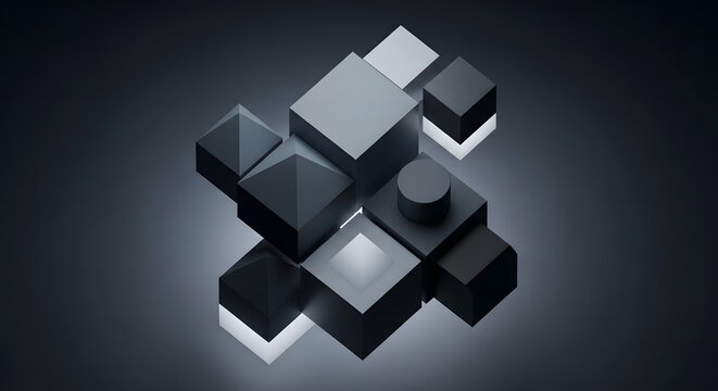 Modern abstract 3d composition with geometric cubes and glowing light elements.