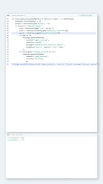 Targeted interface animation showing a coding assistant drafting plausible defensive software code, with terminal checks and clean UI detail.
