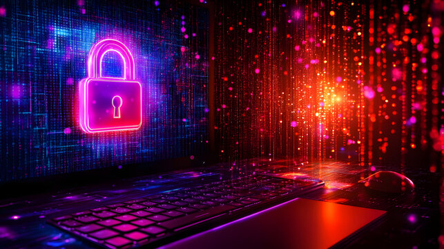 Cyber security digital network layout with glowing lock sign on laptop keyboard background