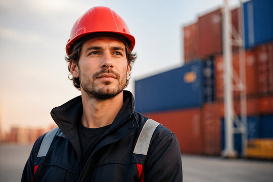 A construction worker in a red hard hat looks thoughtfully against a backdrop of shipping containers.