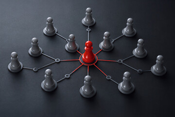 Fototapeta premium Red chess pawn connected to network of chess pieces for leadership and business strategy concept