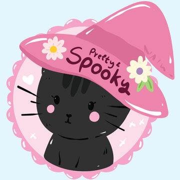 a cute black cat wearing a pink witch hat with the words Pretty & Spooky written on it, adorned with small flowers and a heart