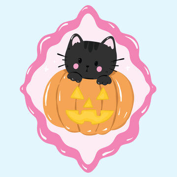 a cute black kitten peeking out of a jack-o'-lantern. The kitten has big eyes and whiskers, and the pumpkin has a carved face