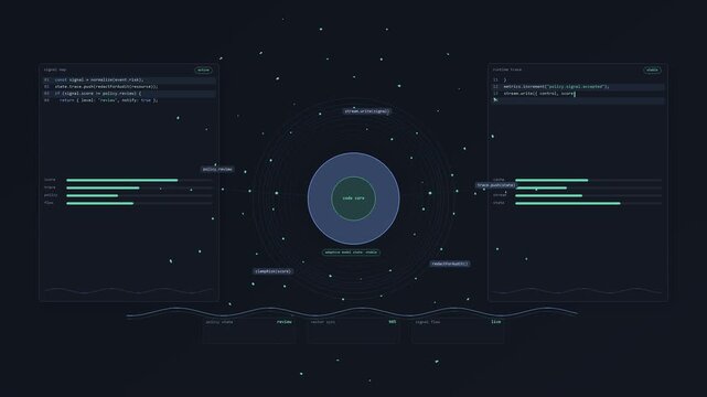 AI interface showing live code fragments, signal panels, pulsing core, data particles and waveform state flow. Vertical orientation.