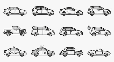 Creative Set of 12 Minimalist Line Drawn Vehicles Including Cars Trucks Vans Police Cars and Electric Car Icons © Bisa
