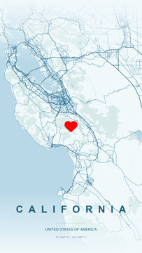 Modern minimalist vector map of California, USA. High-quality scalable illustration of California state boundaries, Pacific Ocean coastline and San Francisco Bay shoreline networks for posters design.