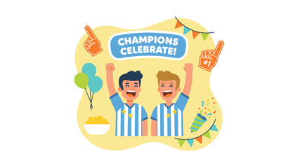 Fototapeta premium Excited young soccer players celebrating their championship victory with fans and party accessories