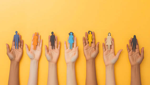 Diverse hands holding colorful puzzle pieces on yellow