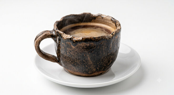 Overfilled coffee cup with creamy latte art spilling over. Dark ceramic mug overflowing with rich espresso foam on saucer.