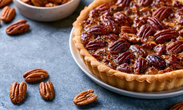 Pecan pie with pecans on a gray background
