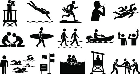 Obraz premium Premium black and white silhouette collection set diverse water sports beach activity icons for design