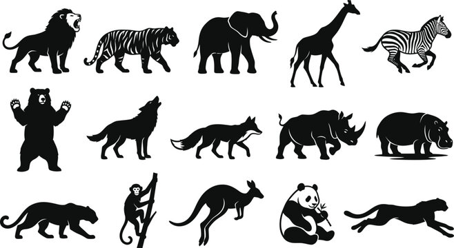 Premium black and white silhouette collection set diverse wildlife animals lions tigers bears more