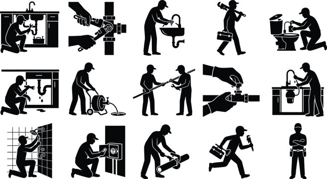 Premium black and white silhouette collection set plumber repairing fixtures appliances vector graphics