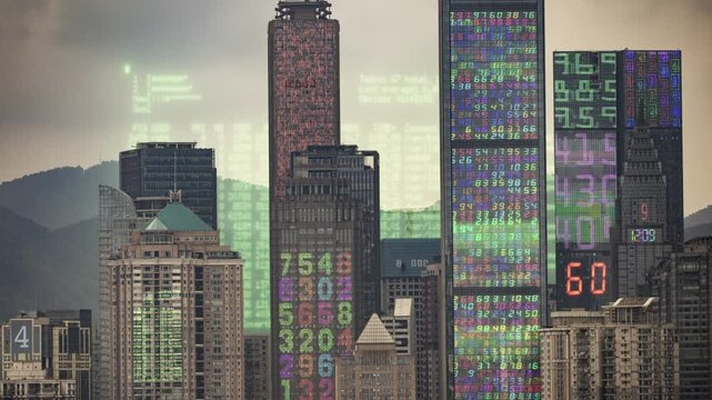 chongqing cyberpunk city with overlayed code and data on the buildings