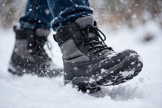 Person walking in snowy winter weather wearing boots