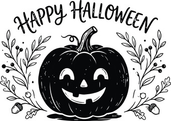 Happy Halloween Pumpkin with Botanical Frame for Traditional Autumn Holiday Greetings © Mehedi