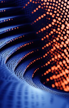 A futuristic digital landscape with vibrant orange and blue dots and waves