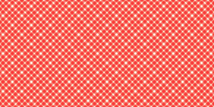 Seamless red and white diagonal gingham pattern. Classic checkered plaid background for picnic, tablecloth, and fabric design.