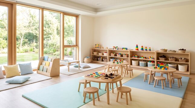 Modern montessori preschool classroom interior with educational toys, child care