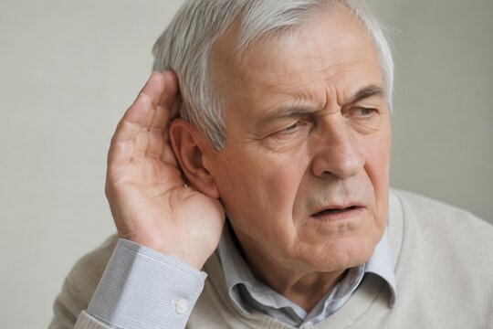 Senior man holding hand to ear while trying to listen. Elderly male experiencing hearing loss and difficulty in communication. Medical concept for hearing checkup and health awareness.