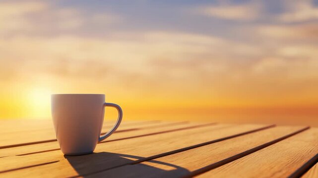 Matte ceramic mug on wooden table beside coastal horizon, warm sunrise light, cool sky tones and calm minimal mood with gentle glow, soft shadow and quiet lifestyle setting