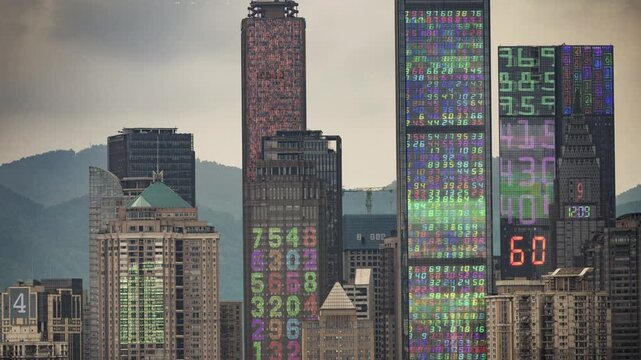 chongqing cyberpunk city with overlayed code and data on the buildings