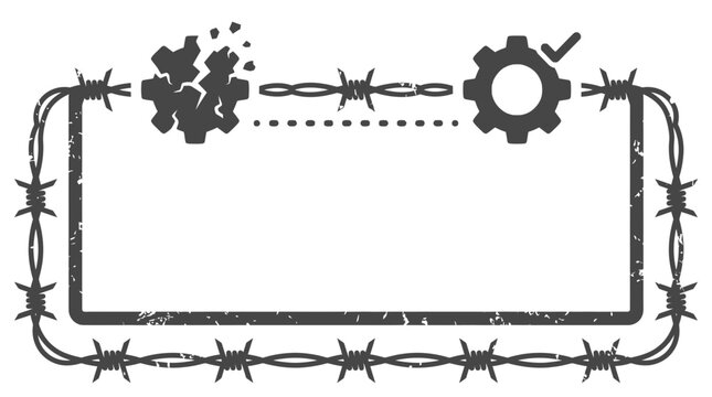 Broken Gear to Complete Gear Symbol with Checkmark Inside Barbed Wire Frame