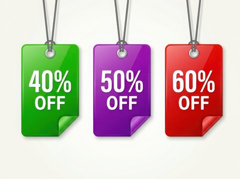 Three colorful sale price tags with forty fifty and sixty percent off discount labels for retail shopping and marketing promotions isolated on white background
