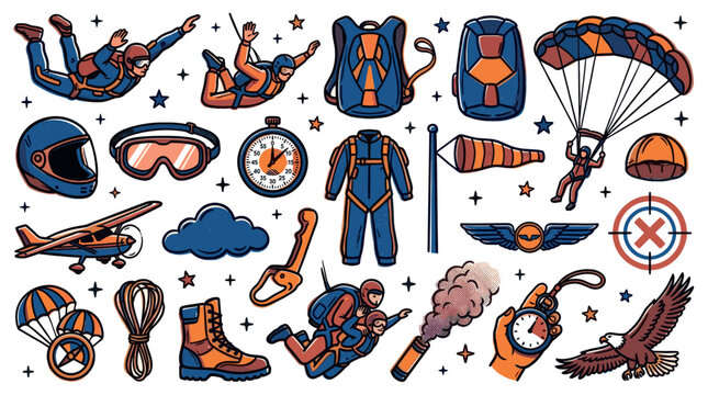 Vibrant collection of skydiving and aviation-themed cartoon illustrations, featuring parachutes, planes, and gear on a clean white background
