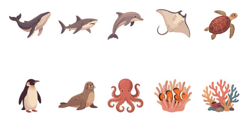 Fototapeta premium Various cartoon marine animals and sea creatures are depicted in a flat vector style on a clean white background