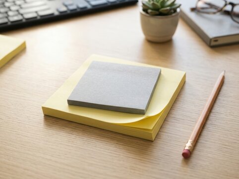 Stack of yellow sticky notes with a pencil on a desk with a plant and keyboard for office work and planning tasks isolated on white background
