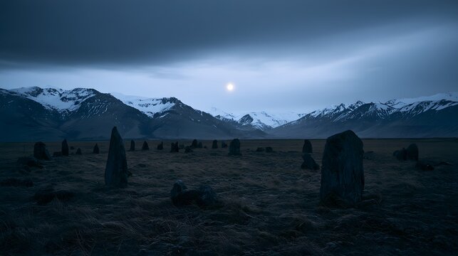 Ancient stones rise on a vast plain beneath a twilight sky evoking timeless mystery and serene grandeur