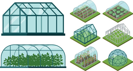 Greenhouse and Hothouse Architecture Vector Icon Set Featuring Isometric Glass Structures, Tunnel Tents, Dome, and Plant Cultivation Beds © Rtazmina