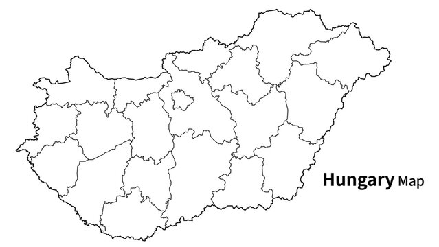 Hungary Map with Counties Boundaries, Minimal Central Europe Country Administrative Division Silhouette Line Layout Template Vector Illustration