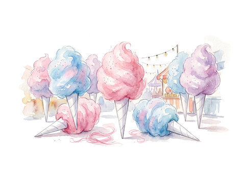 Hand painted watercolor illustration featuring fluffy pink and blue cotton candy cones arranged in a festive carnival setting with soft brush strokes and vibrant pastel colors shown on transparent bac