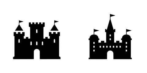 Fototapeta premium Castles with Flags on Top in Black and White Vector Illustration Featuring Castle, Medieval, Flag with Tower and Fortress