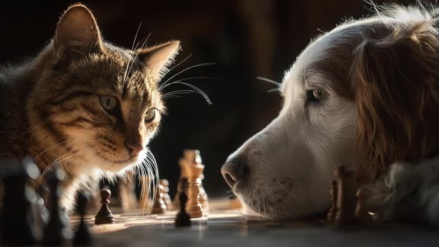 Intelligent cat and dog competing in a thoughtful game of chess, showing concentration and rivalry