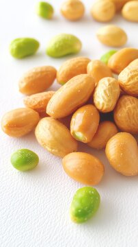A pile of roasted peanuts and green soybeans on a white surface