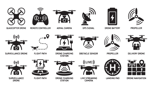Drone Icons, Drone Symbols, Black Drone Graphics, 20 Drone Logos and Signs